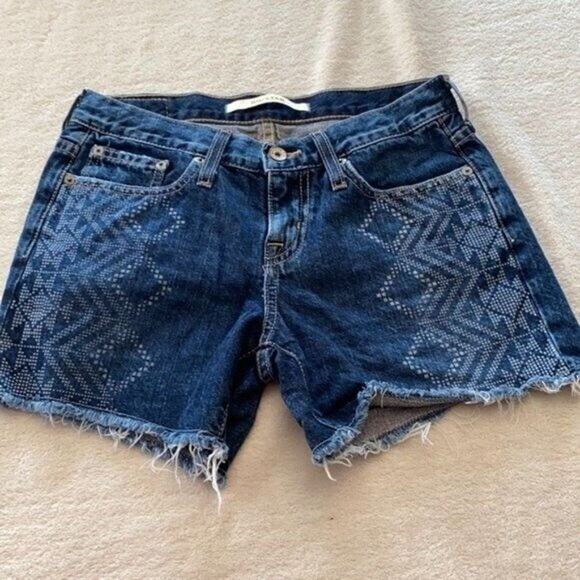 Big Star Shorts Womens 25 Blue Denim Jean Pockets Printed Western Geometric Raw - Picture 1 of 10